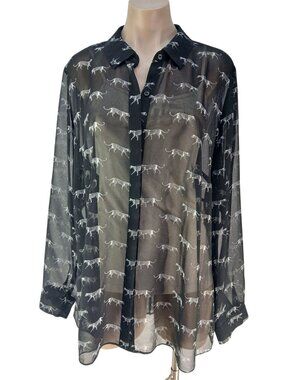 Lane Bryant Sheer Black Button Up Blouse Silver Cheetah Print 18/20 Plus Size